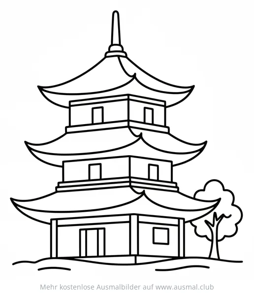 Pagode Ausmalbild mit Baum im Hintergrund