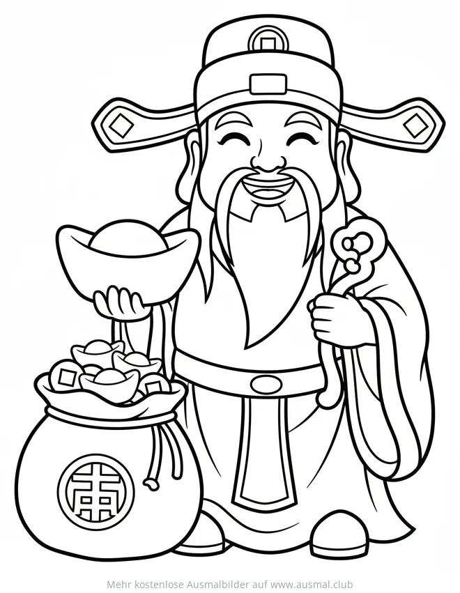 Chinesischer Gott des Reichtums mit Geldsack und Goldbarren Ausmalbild