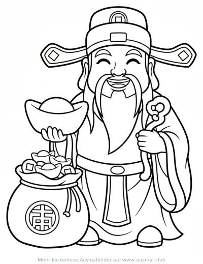 Chinesischer Gott des Reichtums mit Geldsack und Goldbarren Ausmalbild