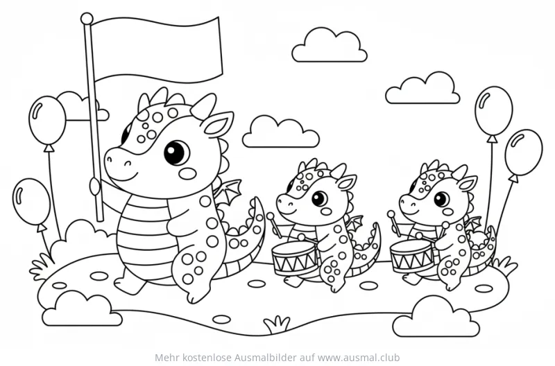 Drachen Parade Ausmalbild mit Trommeln und Fahne