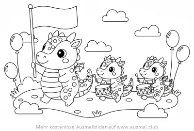 Drachen Parade Ausmalbild mit Trommeln und Fahne