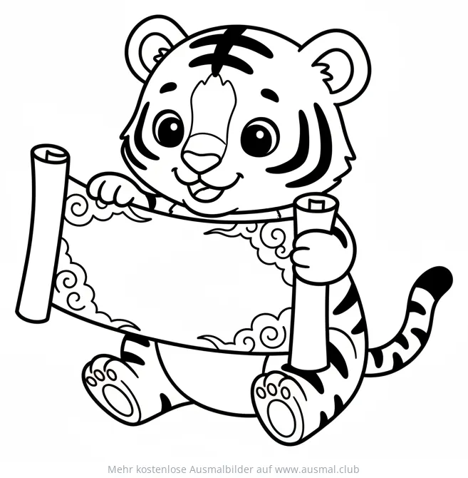 Tiger mit Schriftrolle Ausmalbild zum Chinesischen Neujahr