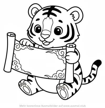 Tiger mit Schriftrolle Ausmalbild zum Chinesischen Neujahr