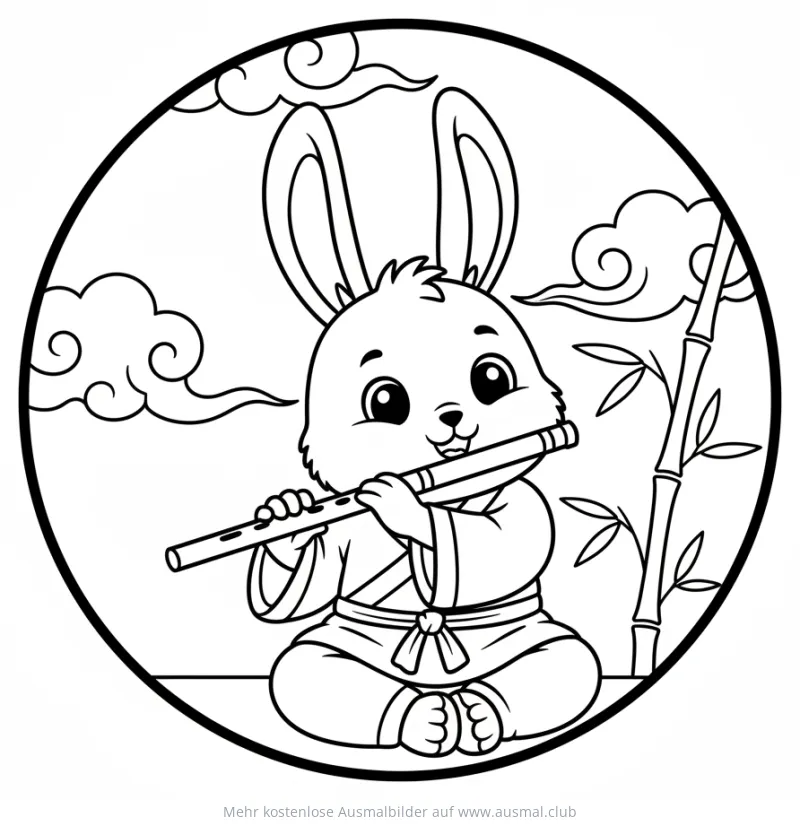 Hase spielt Flöte Ausmalbild zum chinesischen Neujahr