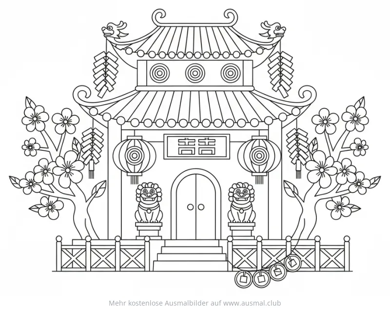 Chinesisches Haus mit Dekorationen, Laternen und Glückssymbolen Ausmalbild