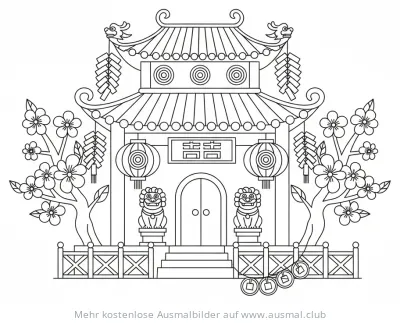 Chinesisches Haus mit Dekorationen, Laternen und Glückssymbolen Ausmalbild