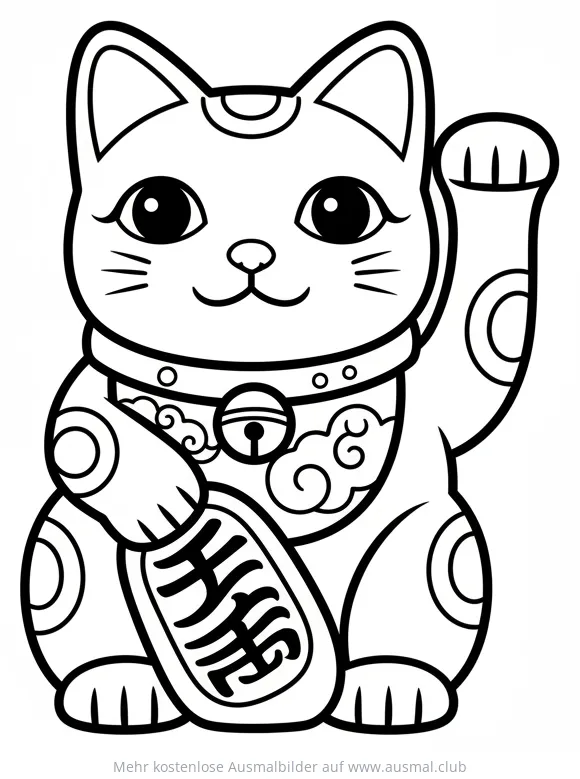 Glückskatze (Maneki Neko) Ausmalbild mit Tafel