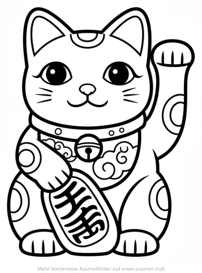 Glückskatze (Maneki Neko) Ausmalbild mit Tafel