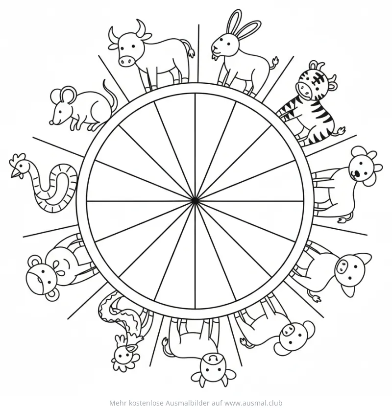 Chinesischer Tierkreis mit allen 12 Tieren als Ausmalbild