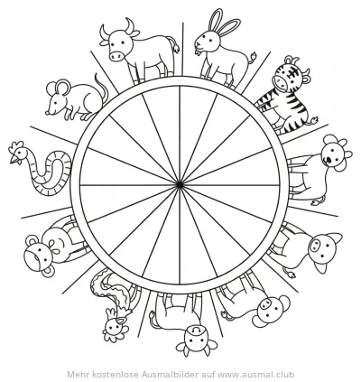 Chinesischer Tierkreis mit allen 12 Tieren als Ausmalbild