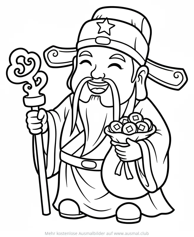 Fu Xing, chinesischer Glücksgott mit Münzen und Zepter, Ausmalbild