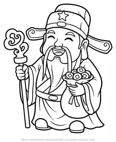 Fu Xing, chinesischer Glücksgott mit Münzen und Zepter, Ausmalbild