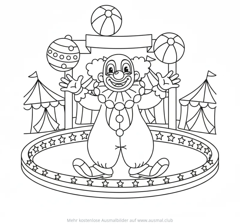 Clown Jongleur Ausmalbild auf Zirkusbühne mit Zelten