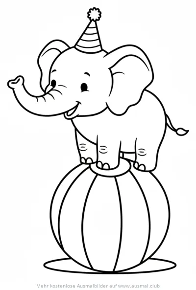 Zirkus Elefant mit Partyhut auf Kugel Ausmalbild