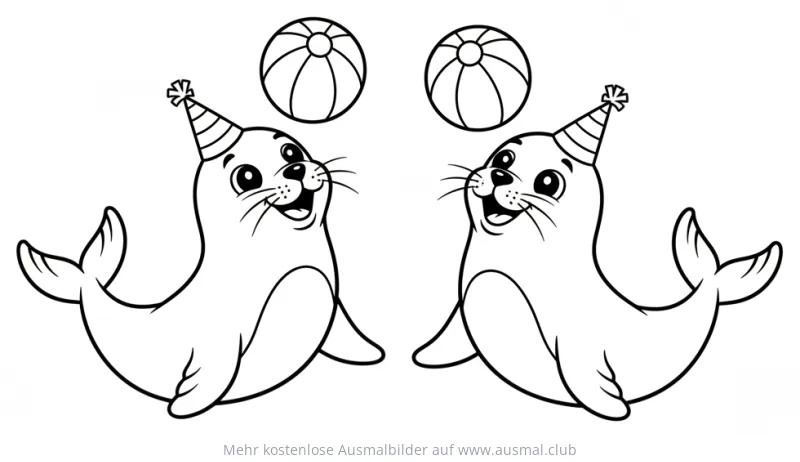 Zwei Seehunde mit Partyhüten balancieren Bälle Ausmalbild