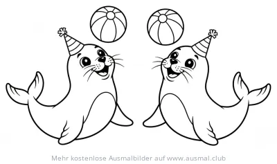 Zwei Seehunde mit Partyhüten balancieren Bälle Ausmalbild