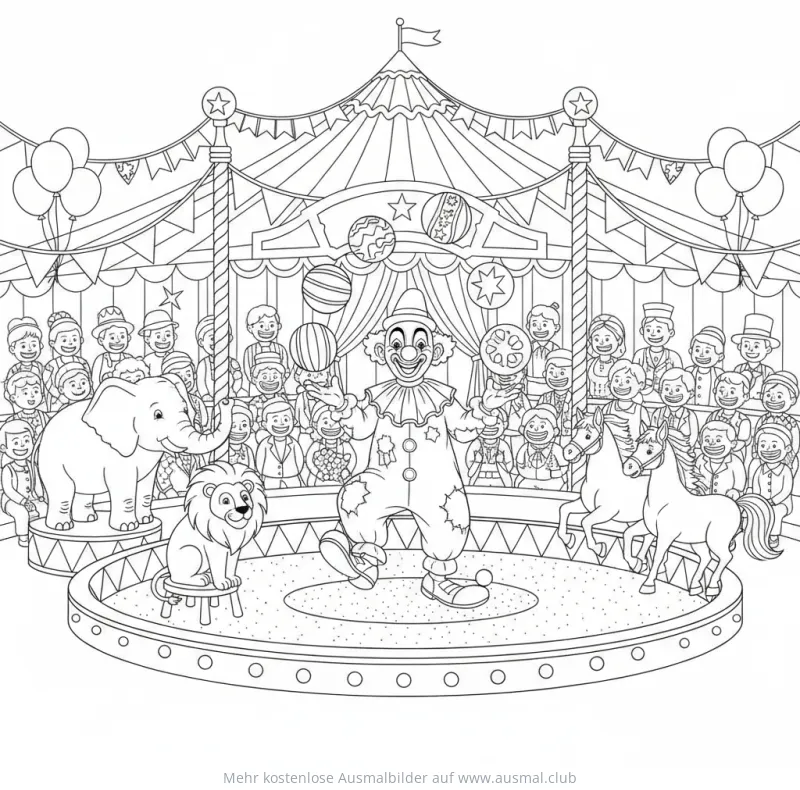 Clown jongliert im Zirkus Ausmalbild