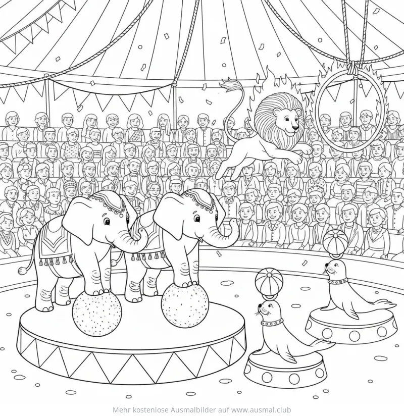 Zirkus Ausmalbild mit Elefanten, Löwe und Seehunde