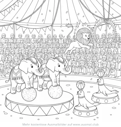 Zirkus Ausmalbild mit Elefanten, Löwe und Seehunde