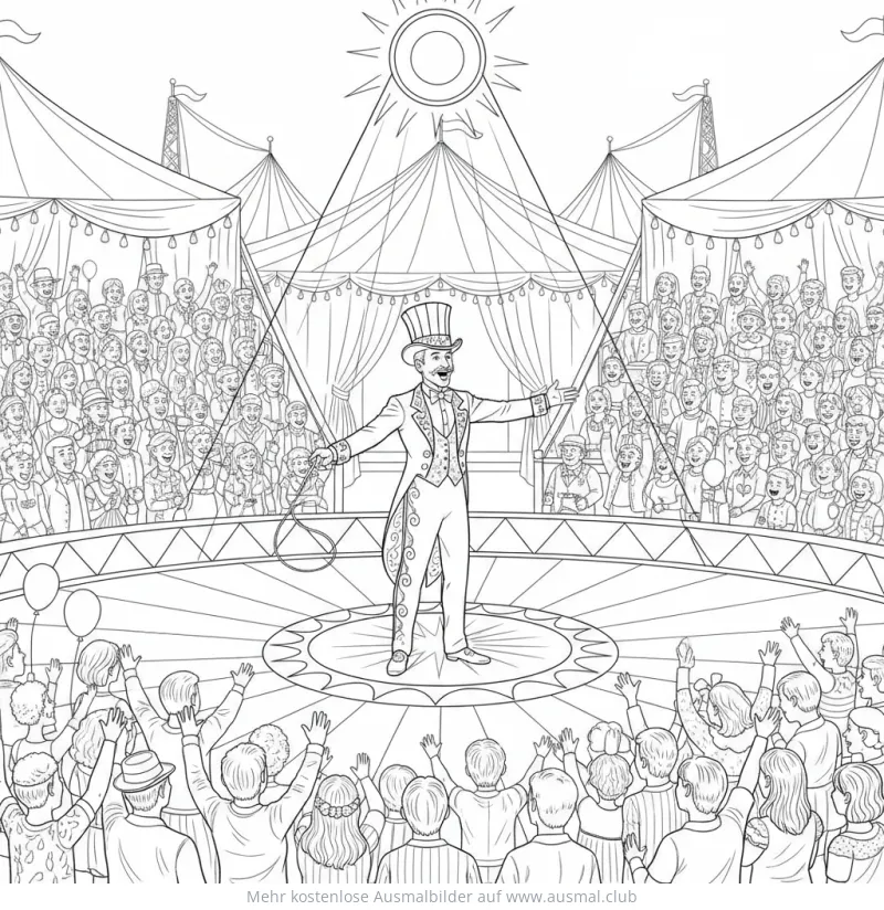 Zirkusdirektor mit Zirkuszelt und Publikum Ausmalbild