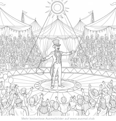 Zirkusdirektor mit Zirkuszelt und Publikum Ausmalbild