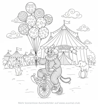 Clown fährt Fahrrad mit Ballons vor Zirkuszelt Ausmalbild