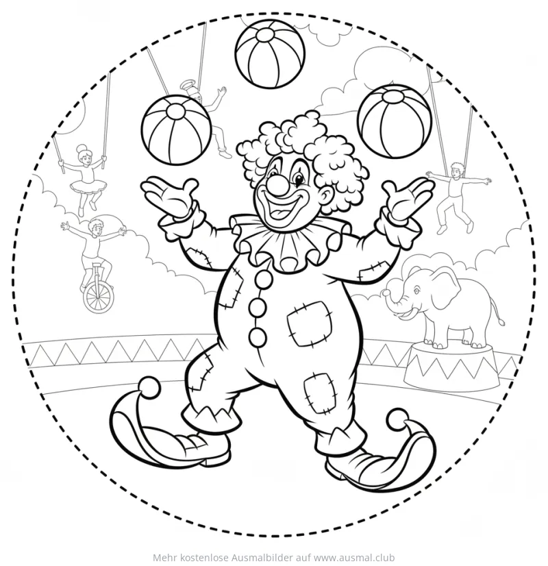 Clown jongliert mit Bällen im Zirkus Ausmalbild