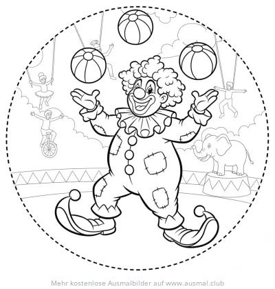 Clown jongliert mit Bällen im Zirkus Ausmalbild