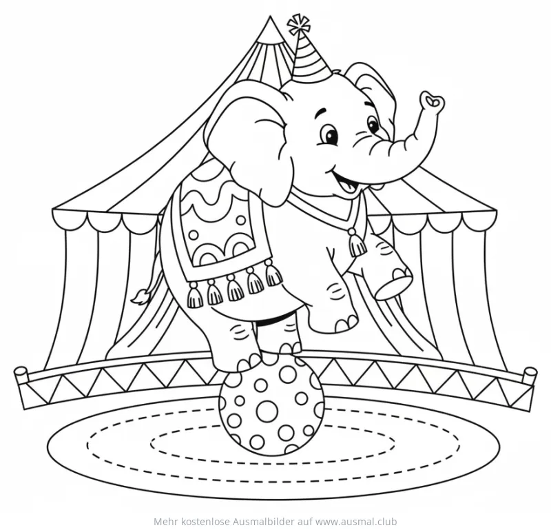 Zirkus Elefant mit Hütchen balanciert auf Ball Ausmalbild