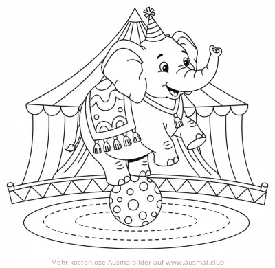 Zirkus Elefant mit Hütchen balanciert auf Ball Ausmalbild