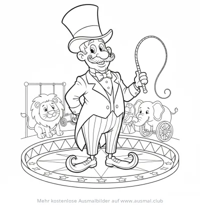 Zirkusdirektor mit Peitsche, Löwe und Elefant Ausmalbild