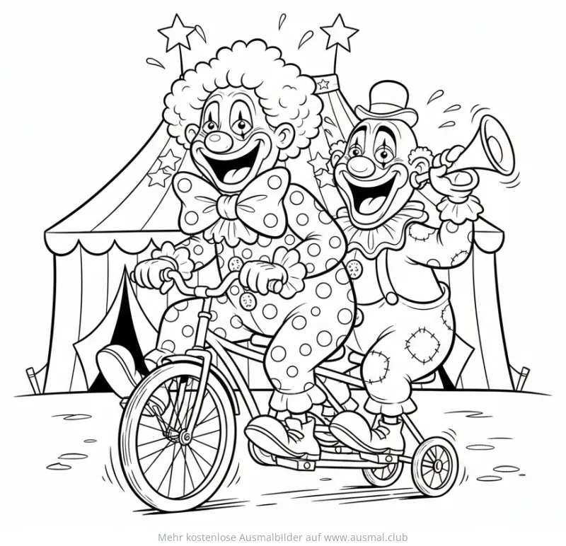 Zwei Clowns auf einem Fahrrad vor einem Zirkuszelt Ausmalbild
