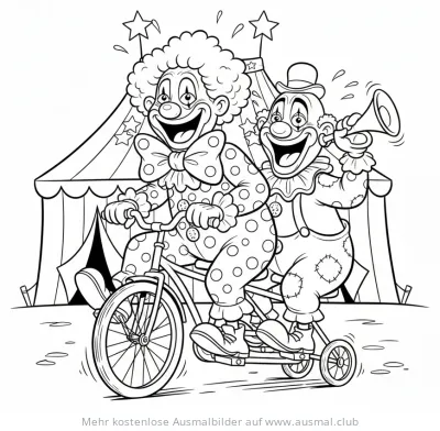 Zwei Clowns auf einem Fahrrad vor einem Zirkuszelt Ausmalbild
