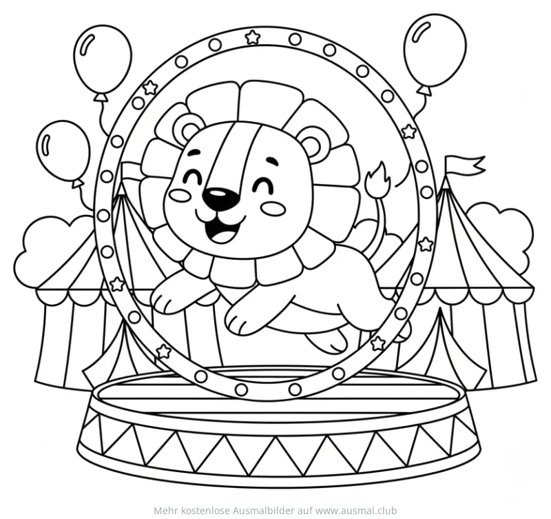 Löwe springt durch Reifen im Zirkus Ausmalbild