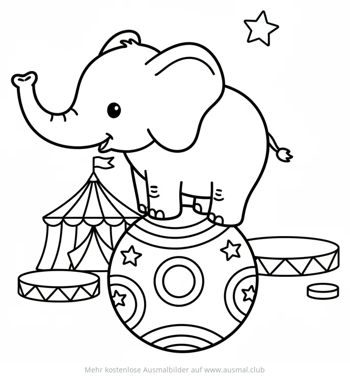Elefant balanciert auf Kugel vor Zirkuszelt Ausmalbild