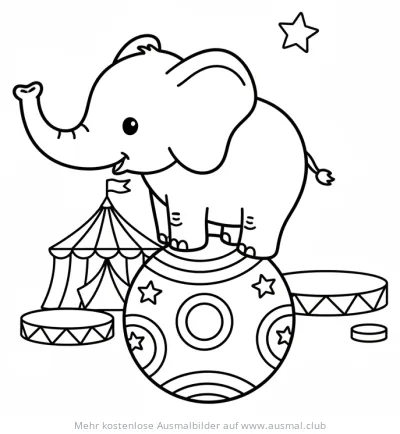 Elefant balanciert auf Kugel vor Zirkuszelt Ausmalbild