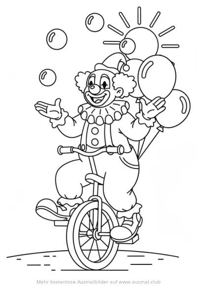 Clown auf Einrad jongliert mit Seifenblasen Ausmalbild