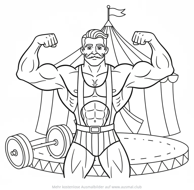 Kraftprotz im Zirkus Ausmalbild mit Zelt und Hantel