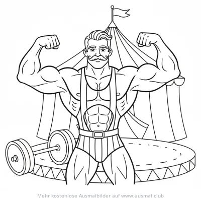 Kraftprotz im Zirkus Ausmalbild mit Zelt und Hantel