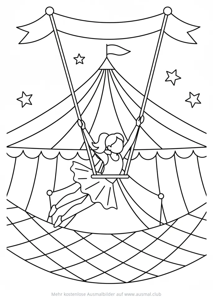 Trapezkünstlerin im Zirkuszelt schwingt auf einem Trapez Ausmalbild