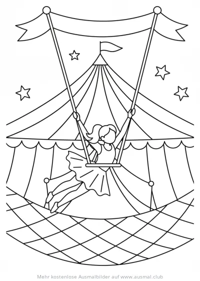 Trapezkünstlerin im Zirkuszelt schwingt auf einem Trapez Ausmalbild