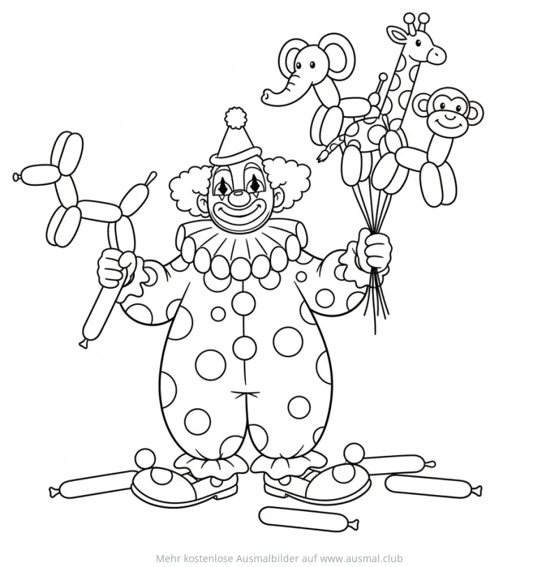 Clown mit Ballonhund und Ballontieren Ausmalbild