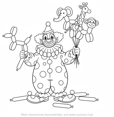 Clown mit Ballonhund und Ballontieren Ausmalbild