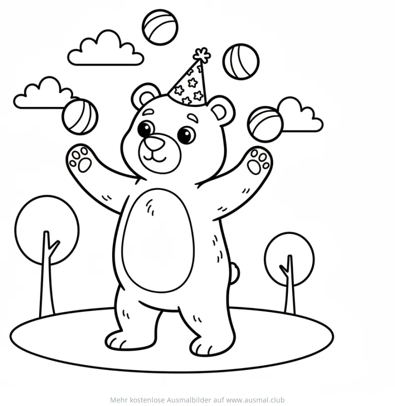 Zirkusbär mit Geburtstagskappe jongliert Bälle Ausmalbild