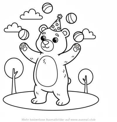 Zirkusbär mit Geburtstagskappe jongliert Bälle Ausmalbild
