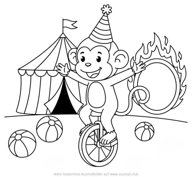 Affe auf Einrad mit Zirkuszelt und Feuerreifen Ausmalbild