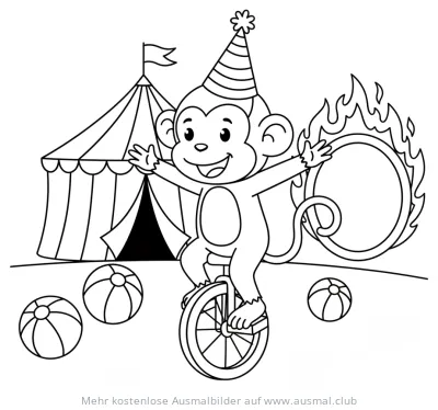 Affe auf Einrad mit Zirkuszelt und Feuerreifen Ausmalbild