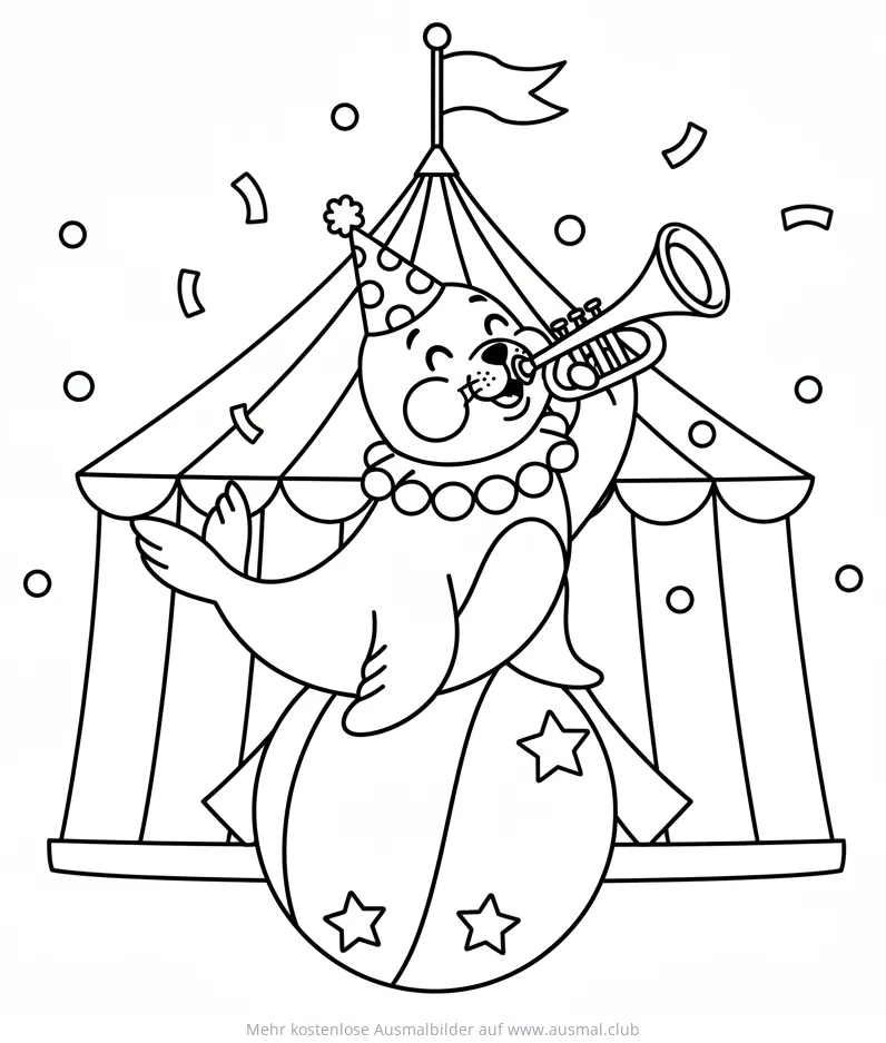 Seehund mit Trompete und Zirkuszelt Ausmalbild