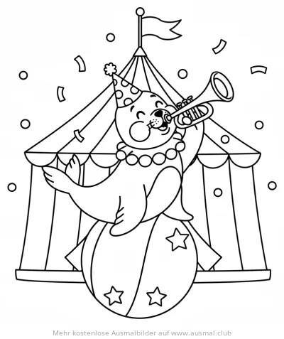 Seehund mit Trompete und Zirkuszelt Ausmalbild