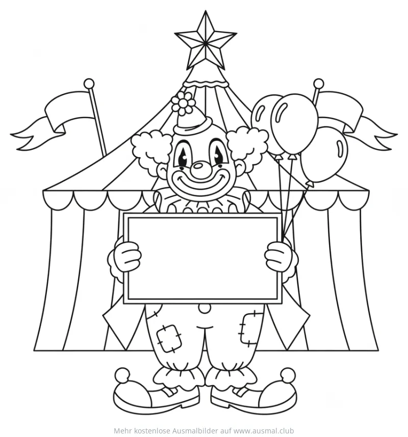 Clown mit Schild vor Zirkuszelt Ausmalbild